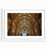 Textured art depicting an abstract Caribbean scene in vibrant blue and green hues on a framed white mat.