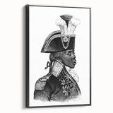 Black and white vintage poster art featuring a Haitian landscape on framed canvas, suitable for bedroom wall decor.