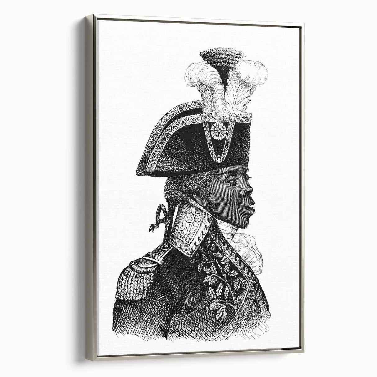 Framed canvas of a vintage-style Haitian landscape painting, featuring vibrant colors on a black background.