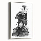 Framed canvas of a vintage-style Haitian landscape painting, featuring vibrant colors on a black background.