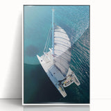 Framed acrylic print of a Caribbean seascape featuring vivid blue and green tones, ideal for modern art wall decor.