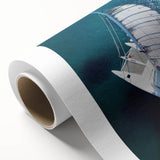 Art Deco poster of a Caribbean scenery in vibrant blues and greens on rolled canvas, ideal for nursery wall art.