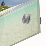 Large abstract wall art depicting a Caribbean scenery in vibrant blue and green hues on acrylic glass.