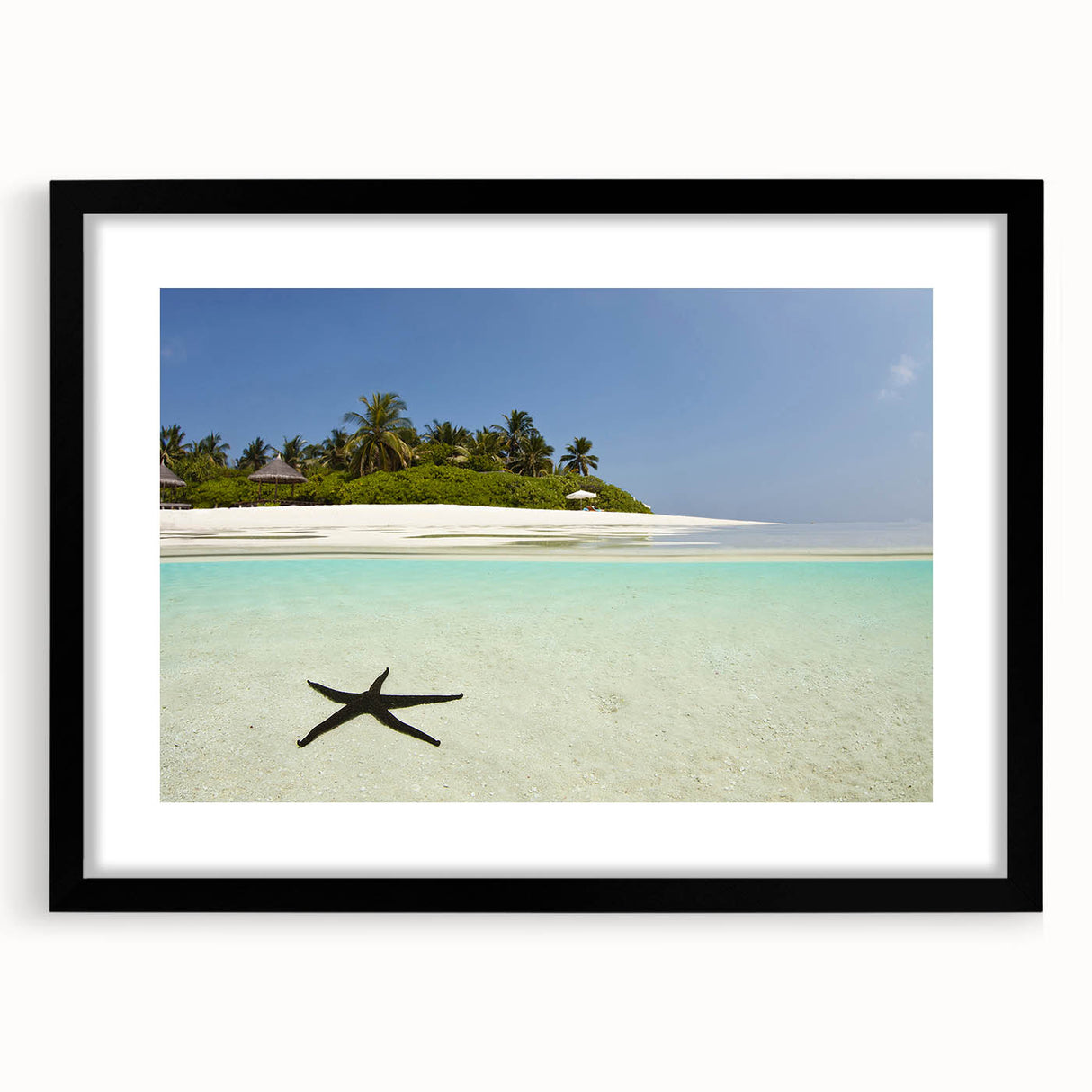 Extra large abstract art print featuring vibrant Caribbean scenery on textured canvas, framed in black.