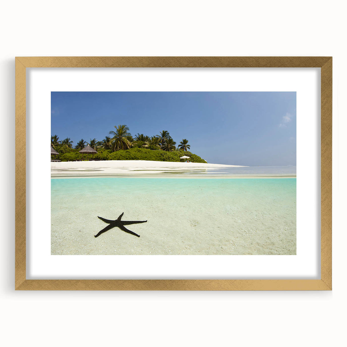Abstract art print of a Caribbean landscape in gold frame, featuring muted blue and green tones, ideal for dining room decor.