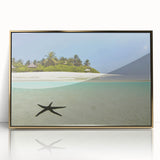 Mid-century modernist art depicting a Caribbean Martinique scenery in vibrant colors, framed acrylic piece.