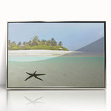 Art deco poster featuring a serene Caribbean scenery in muted blue and green tones, silver-framed acrylic.