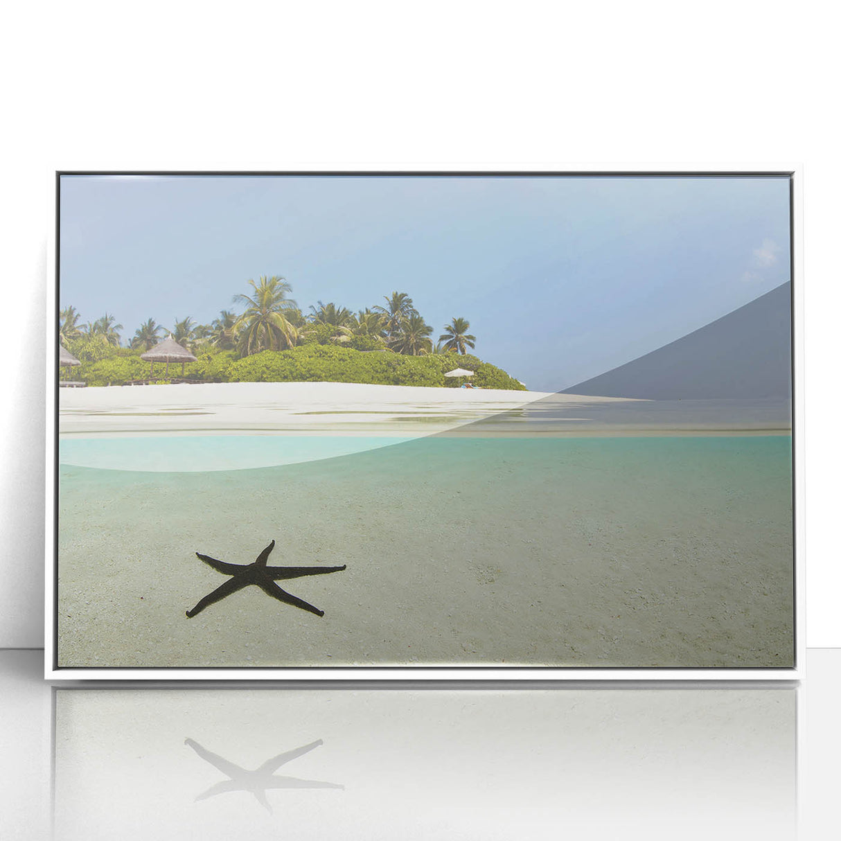 Large art print of a Caribbean scenery in Martinique with vivid blue and green tones, framed in white acrylic.