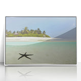 Large art print of a Caribbean scenery in Martinique with vivid blue and green tones, framed in white acrylic.