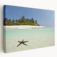 Caribbean landscape with vivid blue sea and lush green foliage on stretched canvas, suitable for kitchen wall art.