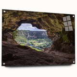 Large abstract wall art featuring a Caribbean scenery in vibrant blue and green tones on acrylic glass.