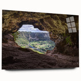 Large abstract wall art of a Caribbean scenery in vibrant blue and green tones on acrylic glass.