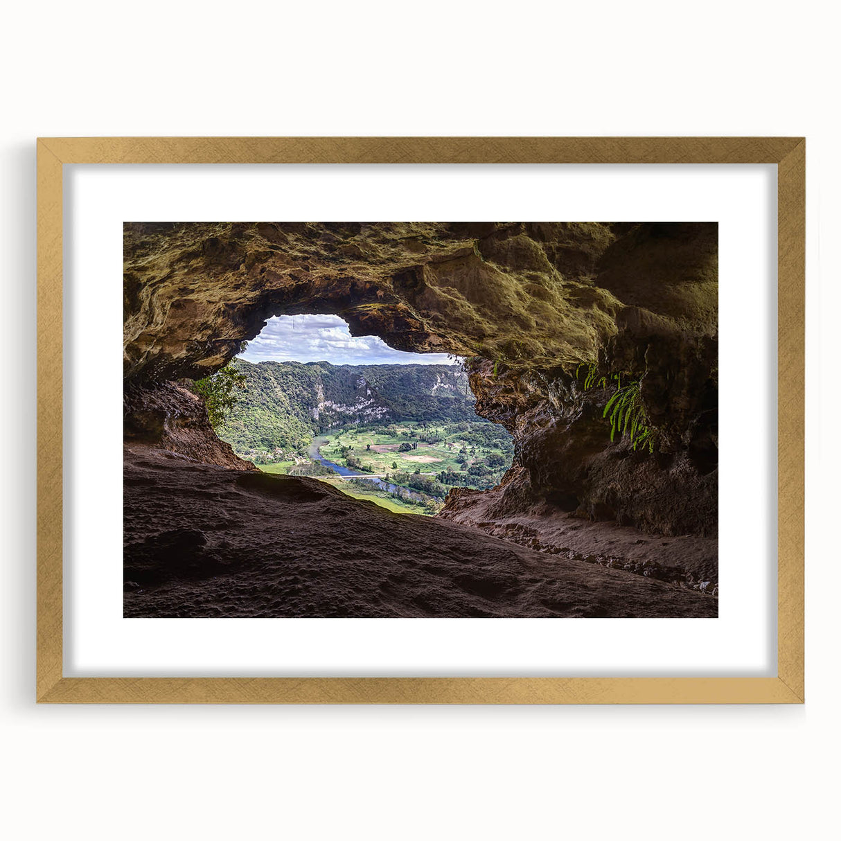 Abstract art print of a Caribbean scene in gold frame, featuring vibrant blue and green hues, ideal for dining room decor.