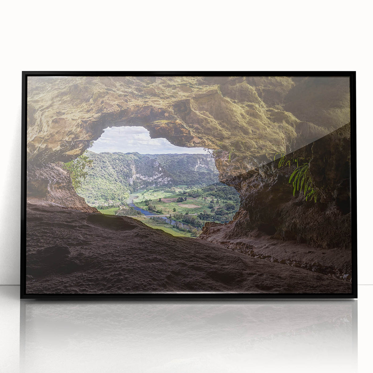 Large abstract wall art depicting a Caribbean scene in vibrant blue and green tones on a framed acrylic print.