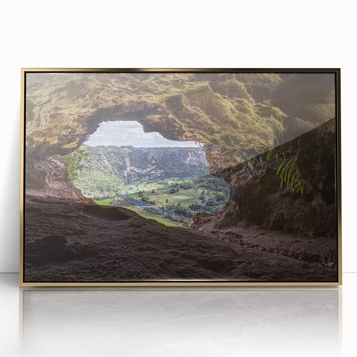 Mid-century modernist art depicting a Caribbean scenery in vibrant blue and green tones on a framed acrylic.