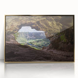 Mid-century modernist art depicting a Caribbean scenery in vibrant blue and green tones on a framed acrylic.