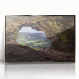 Art deco poster of a Caribbean scenery with vibrant blue and green tones on a silver-framed acrylic print.