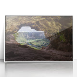 Large art print of a mid-century modernist Caribbean scenery on white framed acrylic, ideal for modern art wall decor.