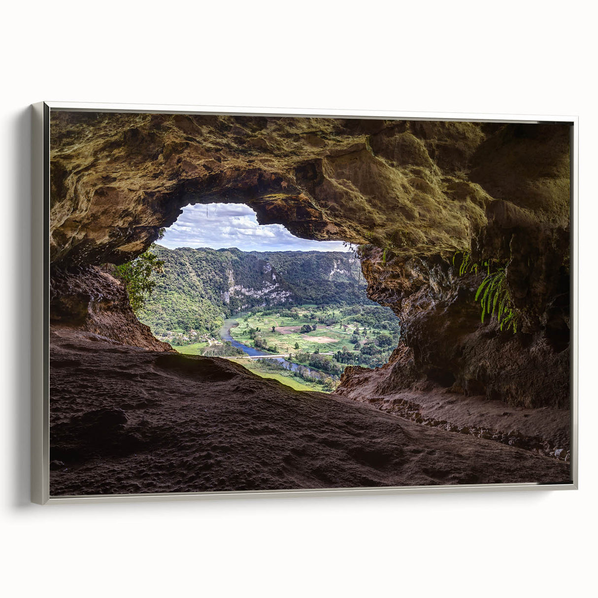 Landscape art painting of a Caribbean scene on a framed canvas, featuring vibrant colors and vintage poster style.