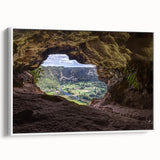 Vintage poster art of a Caribbean scenery on framed canvas, featuring vibrant colors, ideal for living room decor.