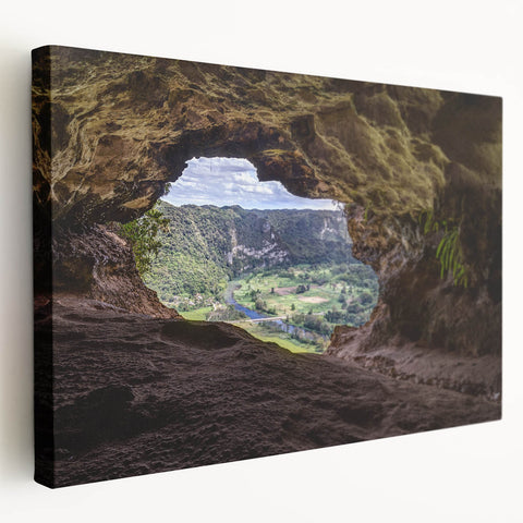 Large stretched canvas depicting a scenic Caribbean coastline in vibrant blues and greens, ideal for kitchen wall art.