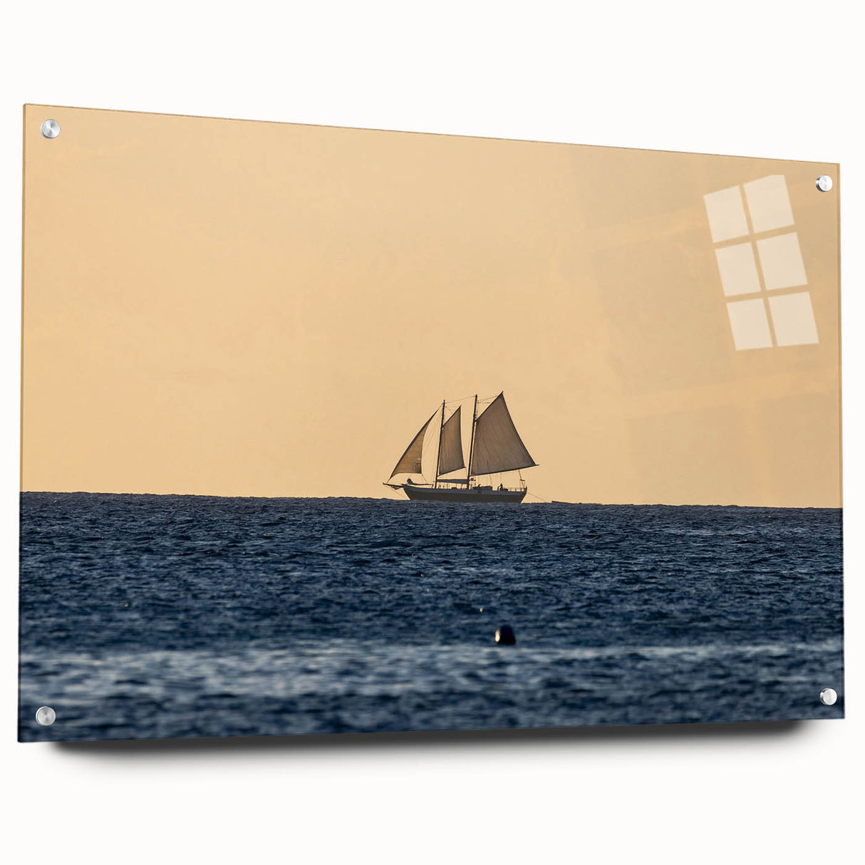 Acrylic print of a Caribbean landscape in vibrant blue and green tones, ideal for dining room decor.