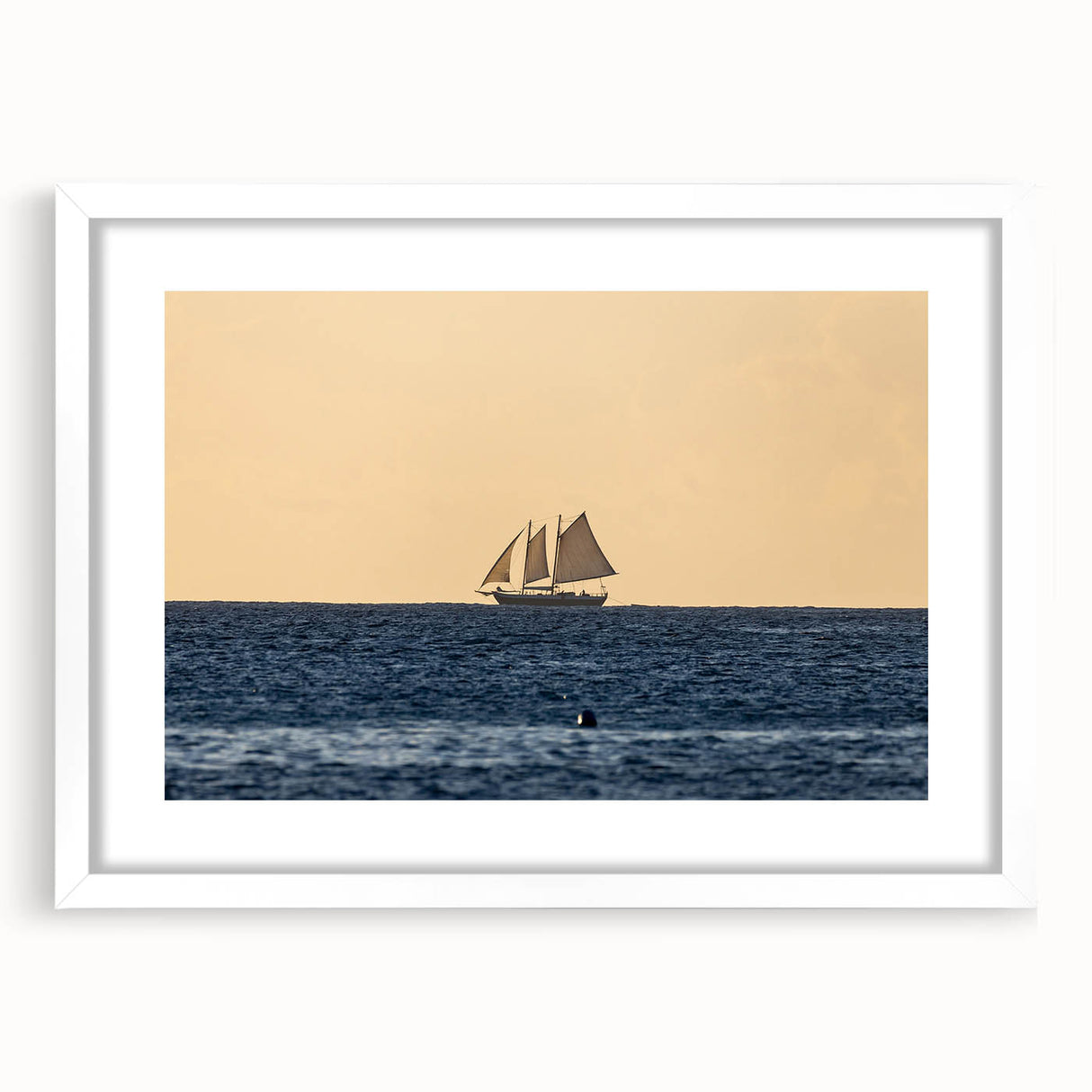Textured art depicting an abstract Caribbean landscape in blue and green tones on a framed white mat.