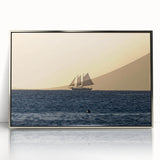 Mid-century modernist style large art print of Caribbean scenery on silver-framed acrylic.