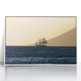 Mid-century modernist Caribbean scenery on framed acrylic, with vibrant blue and green tones, ideal for nursery wall art.