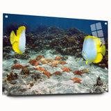 Large abstract wall art of Caribbean scenery on acrylic glass, featuring vivid blue and turquoise tones.