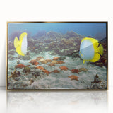 Acrylic print of a Caribbean scene in art deco style, featuring vibrant turquoise and gold tones.