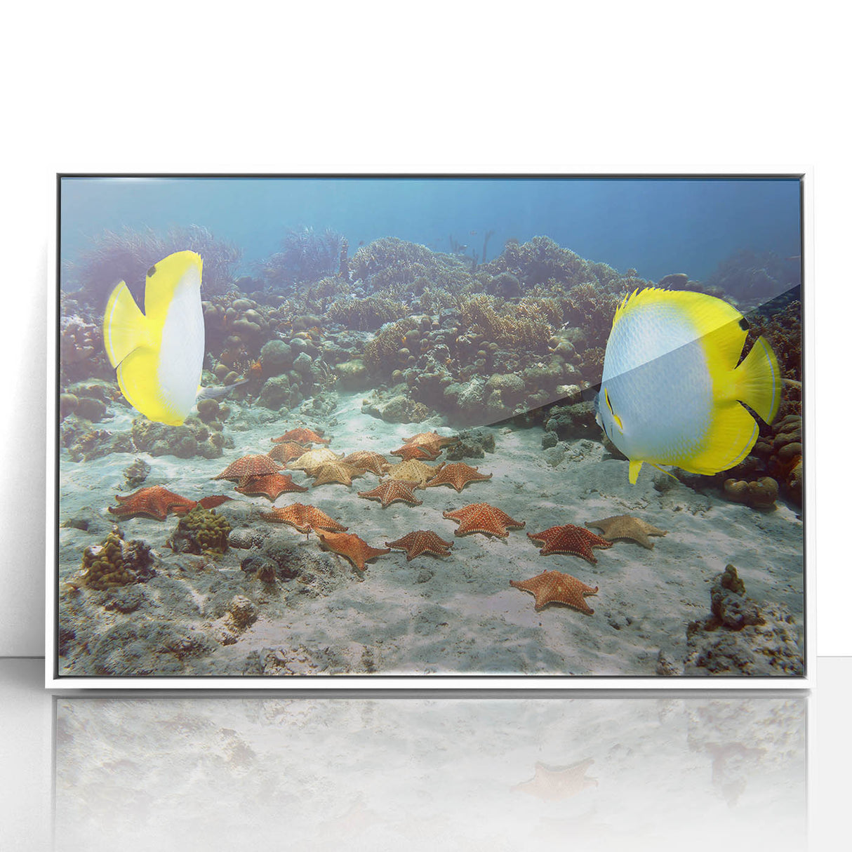 Mid-century modernist art depicting a Caribbean scenery on a white-framed acrylic, with vibrant blue and green tones.