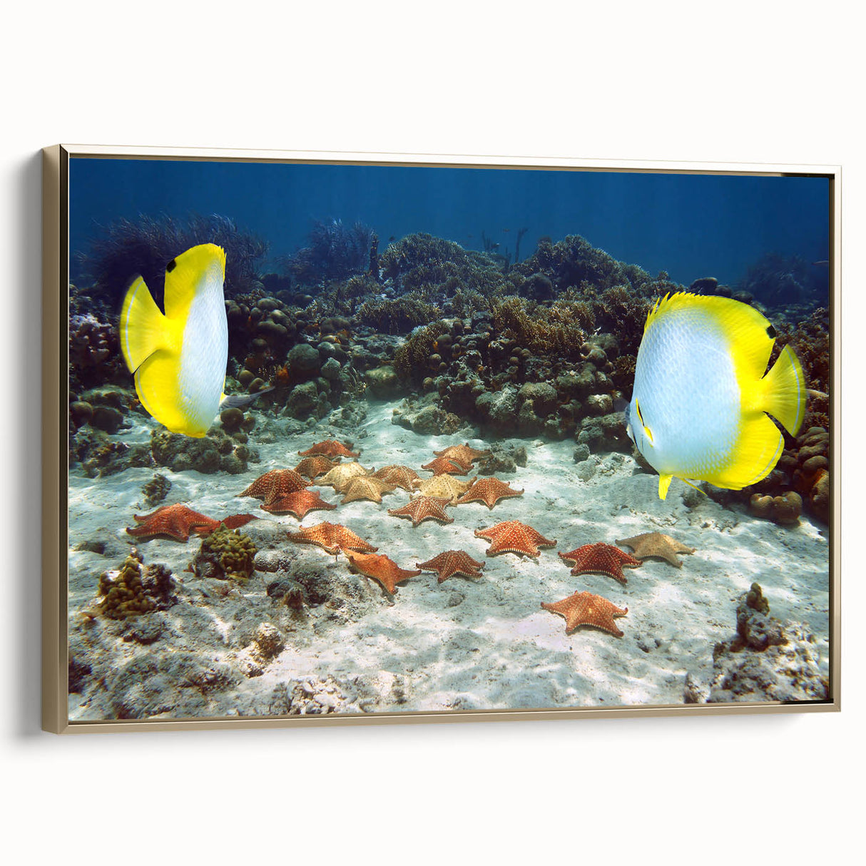 Framed canvas of a Caribbean landscape in muted blues and greens, ideal for bedroom wall art.