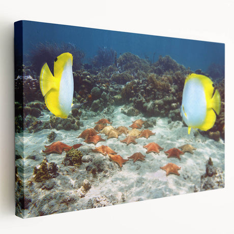 Large canvas print of a Caribbean beach scene in vivid blue and turquoise hues, ideal for kitchen wall art.