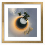 Abstract art print of the Caribbean Virgin Islands in muted blue and green tones, framed in gold.