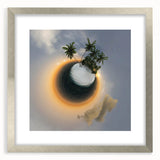 Extra large wall art of abstract Caribbean scenery in textured silver frame, ideal for living room decor.