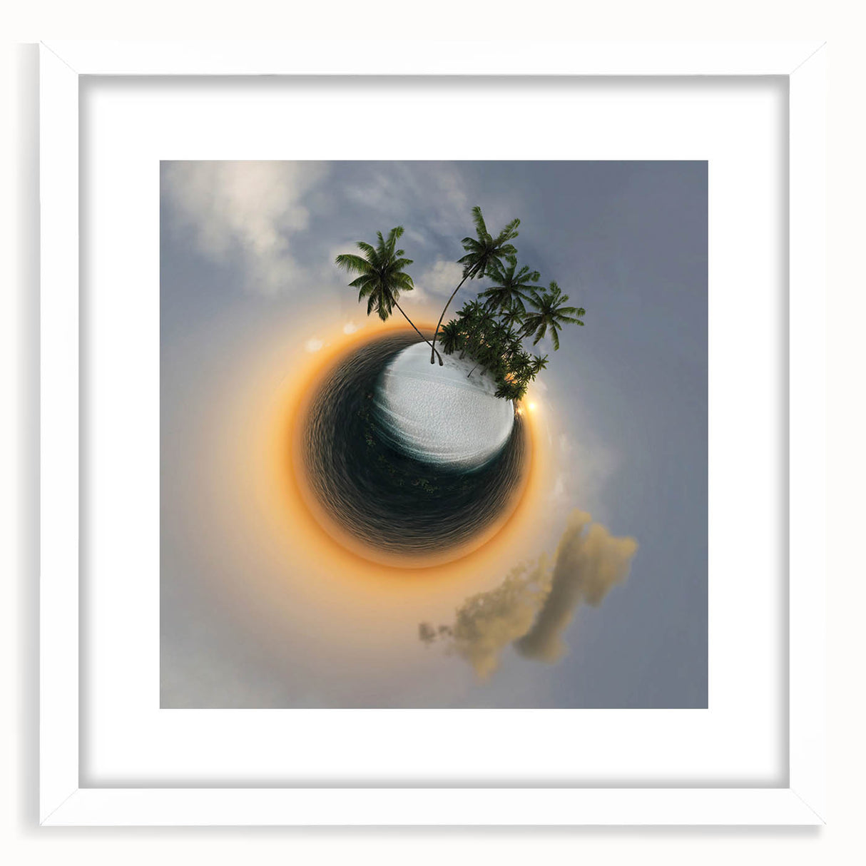 Textured art depicting the Caribbean Virgin Islands in muted blue and green tones on a framed white mat.