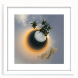 Textured art depicting the Caribbean Virgin Islands in muted blue and green tones on a framed white mat.