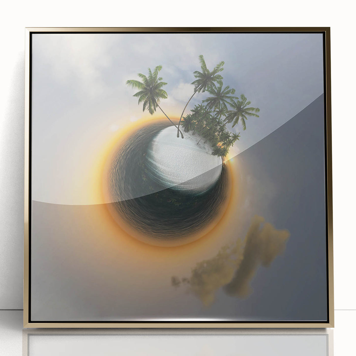 Acrylic print of Caribbean Virgin Islands in muted blues and greens, framed in gold, suitable for modern art wall decor.