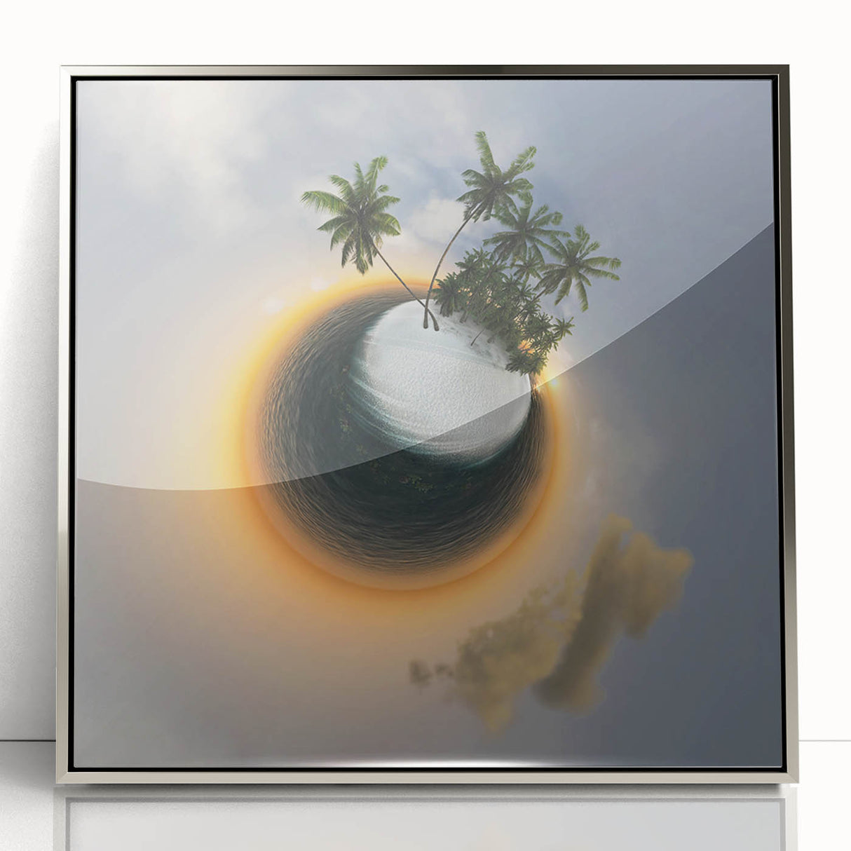 Large art print of Caribbean Virgin Islands in mid-century modernist style, framed in silver acrylic.