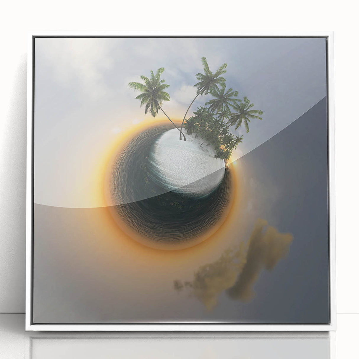Mid-century modernist art of the Caribbean Virgin Islands in muted blue and green tones on framed acrylic.