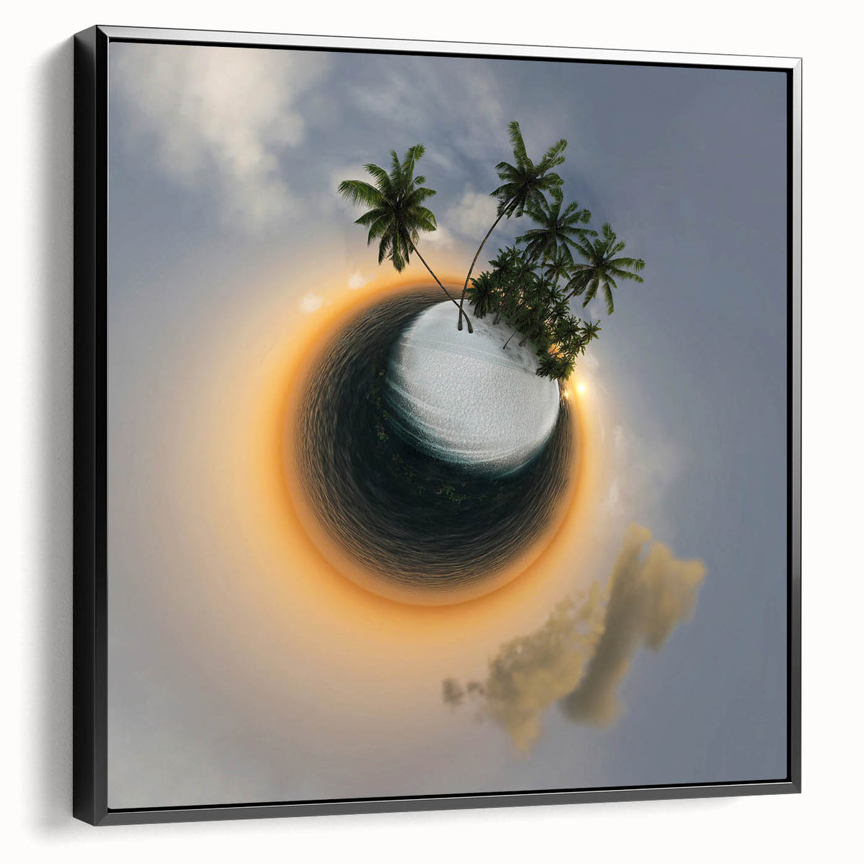 Black and white framed canvas of the Caribbean Virgin Islands landscape, ideal for bedroom wall decor.