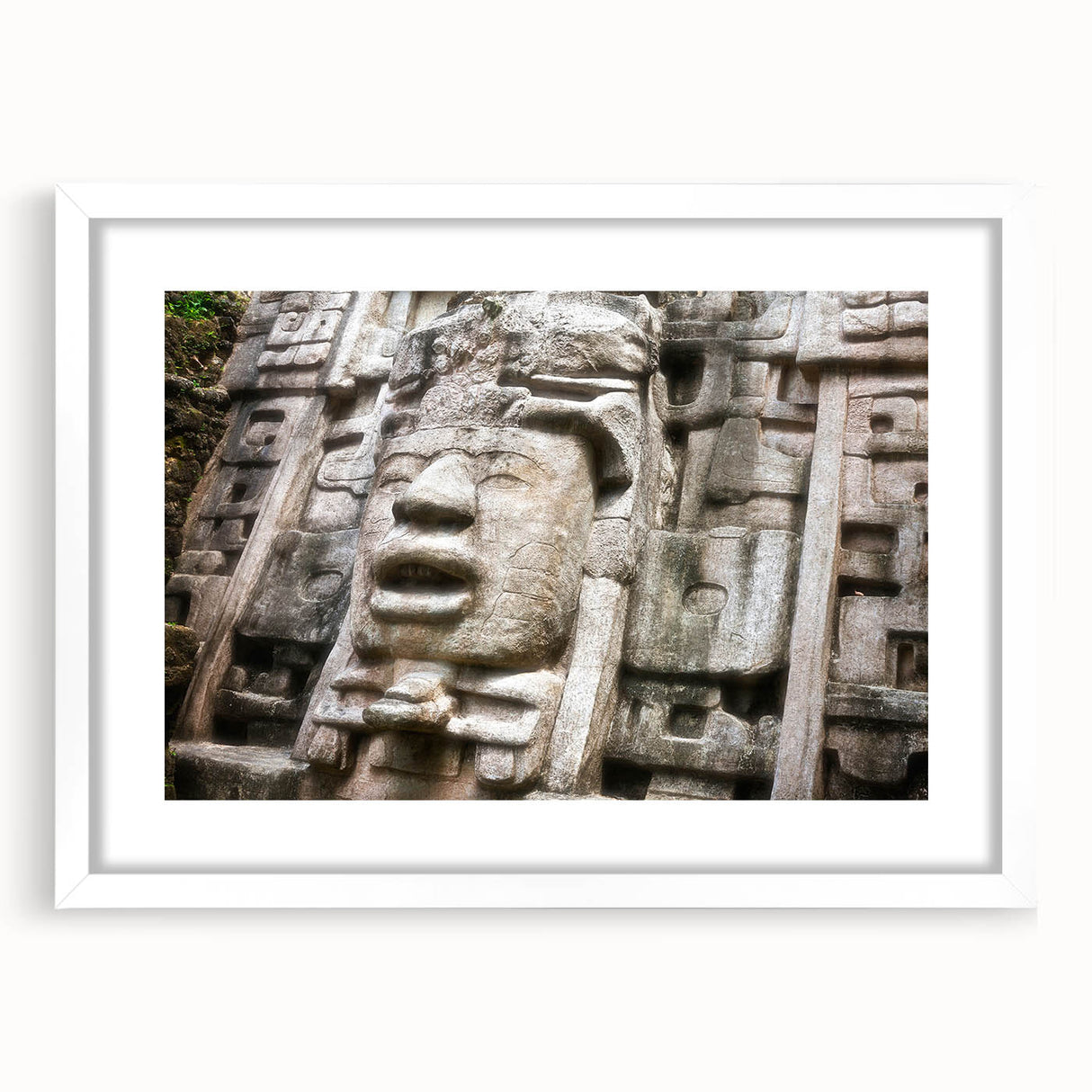 Abstract art print of Central America scenery in muted earth tones on a white framed mat, ideal for dining room decor.