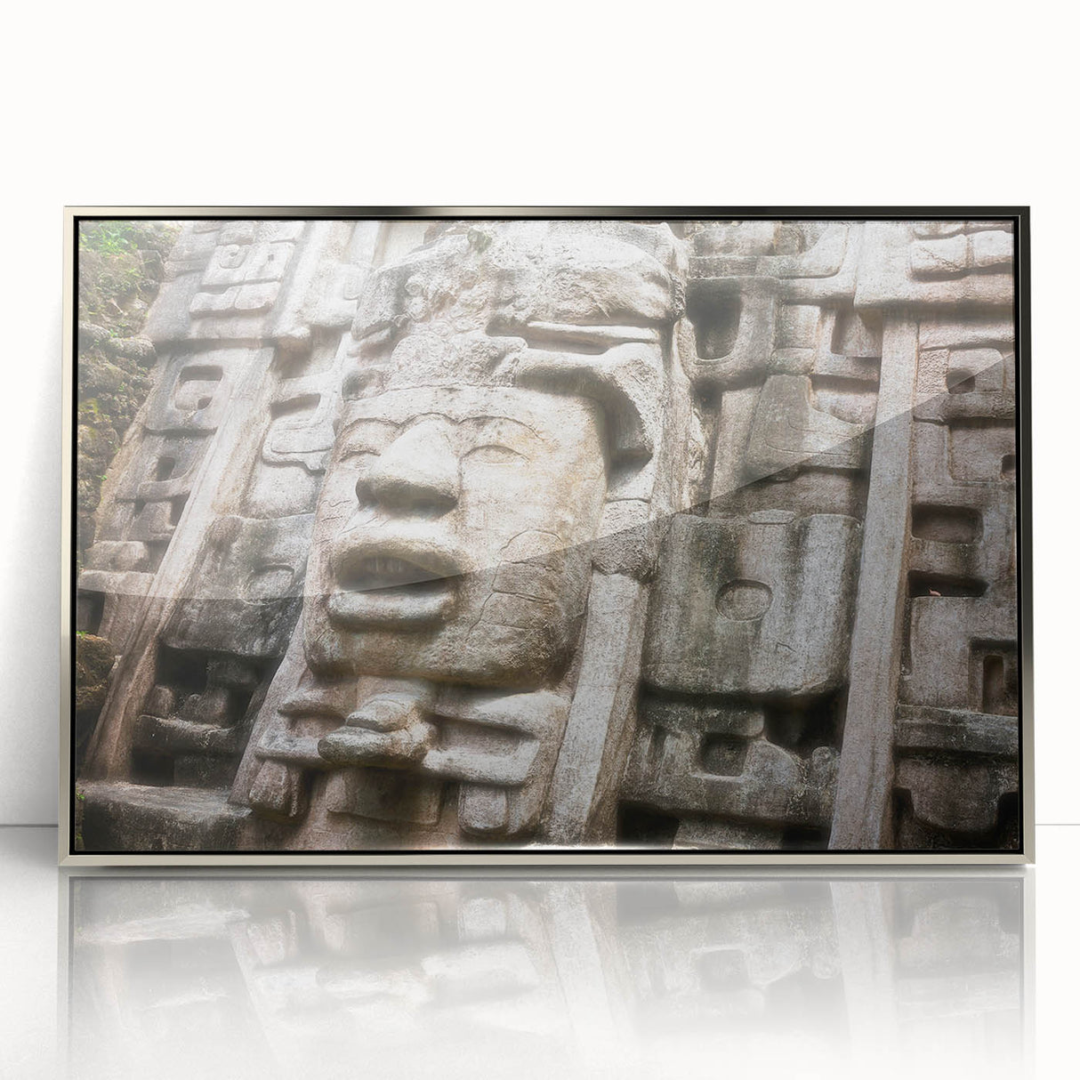 Large art print of a Central American scenic landscape in muted earth tones, framed in silver acrylic.