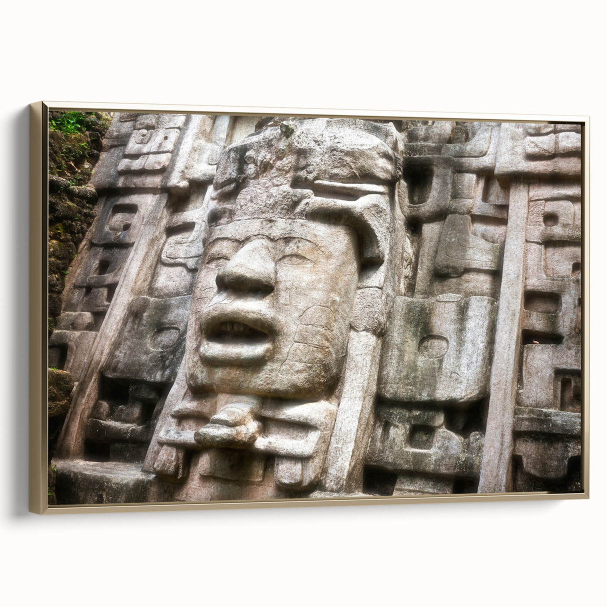 Framed canvas depicting a vintage-style Belize landscape in black and gold, ideal for bedroom wall art.