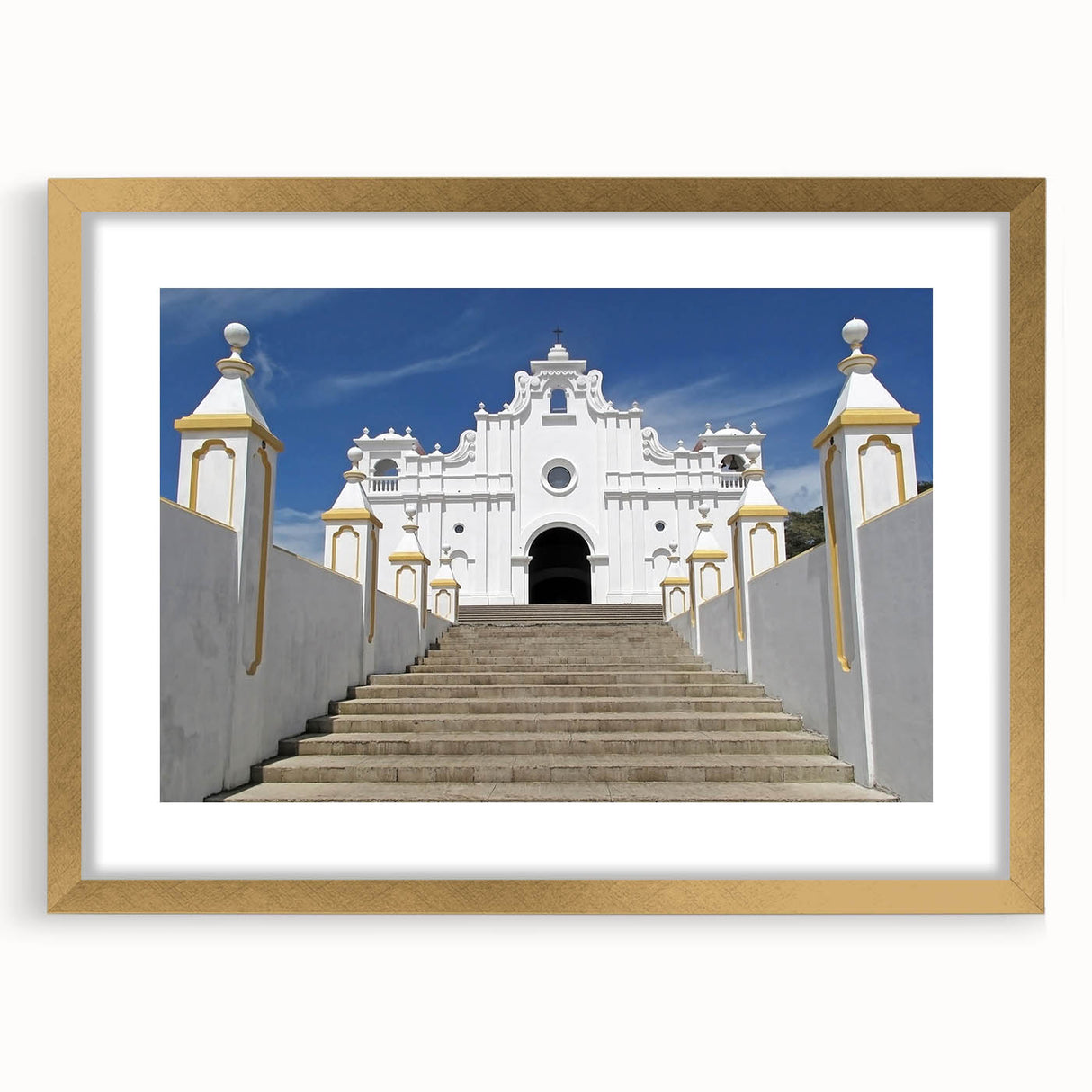 Extra large abstract art print featuring textured scenery of Central America in gold frame, ideal for living room decor.