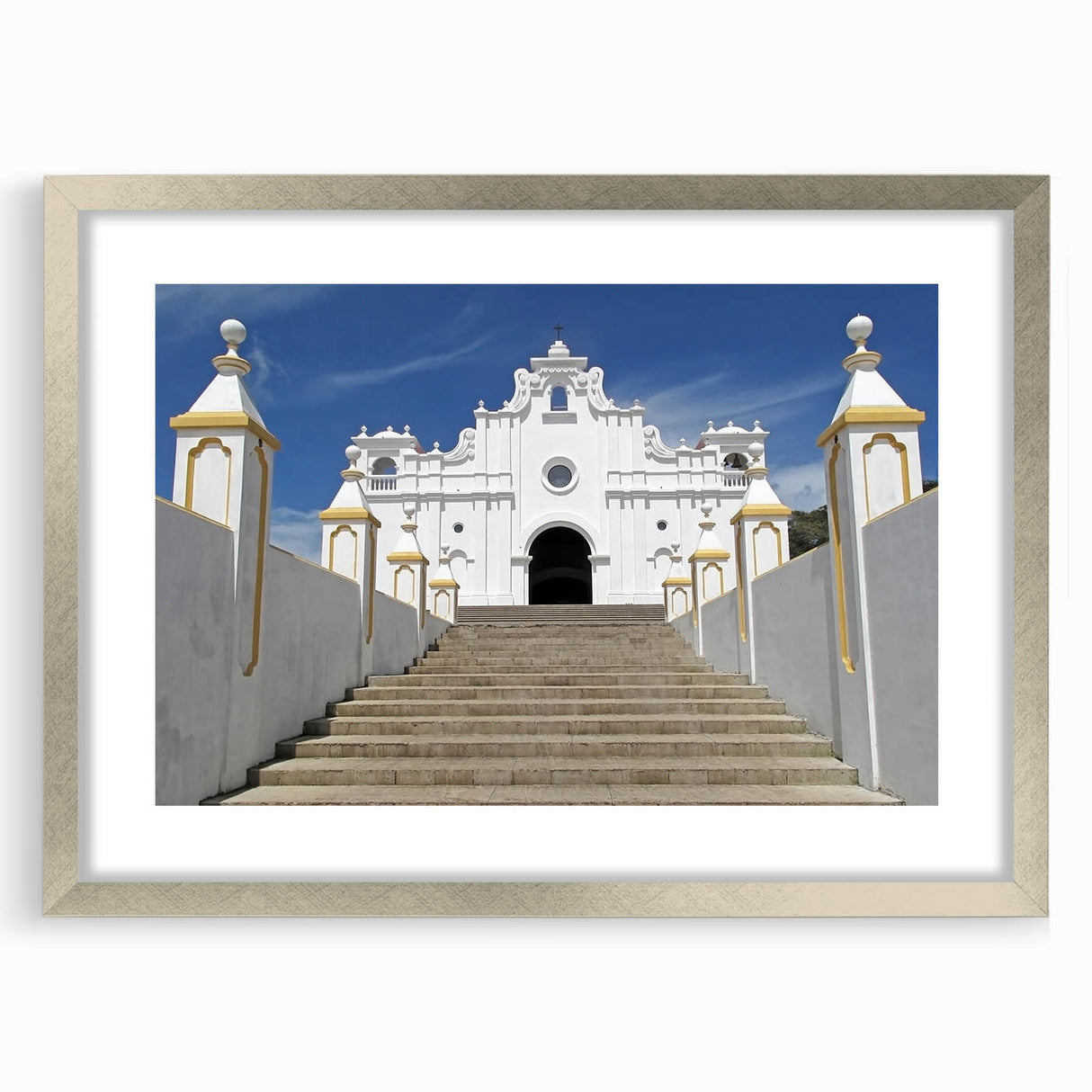Textured abstract art print of Central American scenery in muted earth tones on a framed silver mat, suited for bedroom art.