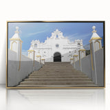 Mid-century modernist art depicting a Central American landscape, with muted earth tones on a framed acrylic.