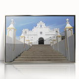 Art deco poster depicting a stylized El Salvador landscape in muted silver tones on a framed acrylic.