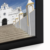 Extra large framed canvas featuring a textured depiction of a Central American scenery in black with colorful art accents.